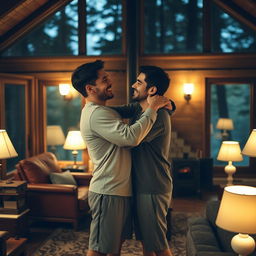 two young men embracing in a cozy living room inside a dimly lit forest house, soft glow of lamps surrounding them, one man in boxer shorts and a comfortable t-shirt, the other in casual lounge wear, both looking deeply into each other's eyes with warmth and affection, laughter and smiles, surrounded by wooden furniture, warm colors, a small fireplace in the background, romantic atmosphere