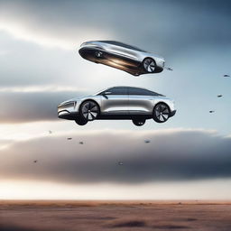 A high-quality digital art image depicting a surreal scene - a Lucid Air car falling from the sky