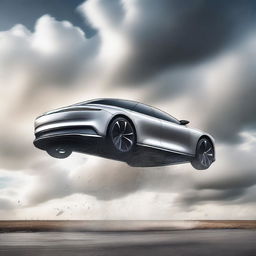 A high-quality digital art image depicting a surreal scene - a Lucid Air car falling from the sky