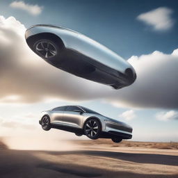 A high-quality digital art image depicting a surreal scene - a Lucid Air car falling from the sky