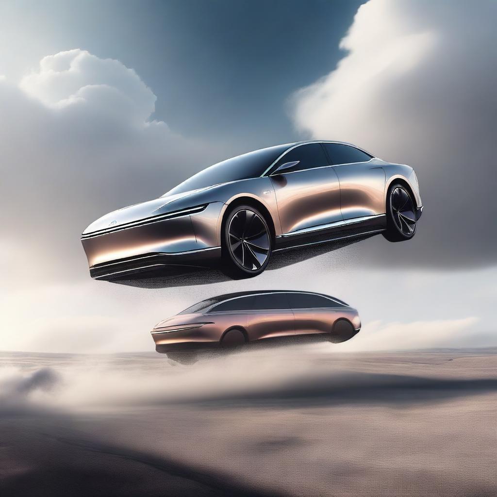 A high-quality digital art image depicting a surreal scene - a Lucid Air car falling from the sky