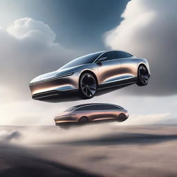 A high-quality digital art image depicting a surreal scene - a Lucid Air car falling from the sky