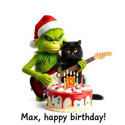 A grumpy Grinch with a green furry body and a red Santa hat is playing an electric guitar, showcasing an irritated expression