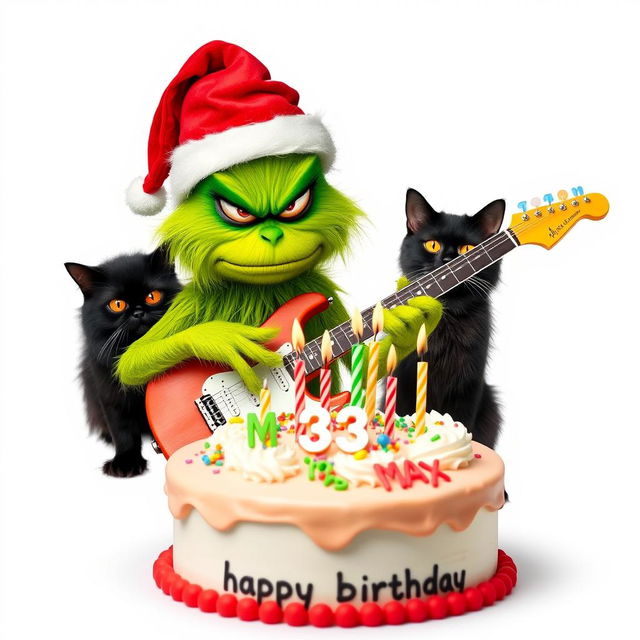 A grumpy Grinch with a green furry body and a red Santa hat is playing an electric guitar, showcasing an irritated expression