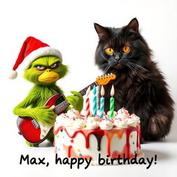 A grumpy Grinch with a green furry body and a red Santa hat is playing an electric guitar, showcasing an irritated expression