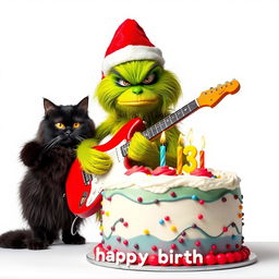 A grumpy Grinch with a green furry body and a red Santa hat is playing an electric guitar, showcasing an irritated expression