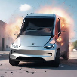 A high-quality, photo-realistic 3D render of a Tesla Cybertruck involved in a car crash