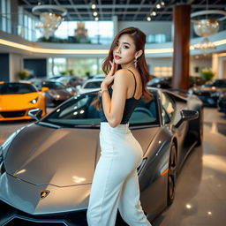 A beautiful Korean woman posing elegantly and attractively, standing sideways in front of a Lamborghini while glancing at the camera