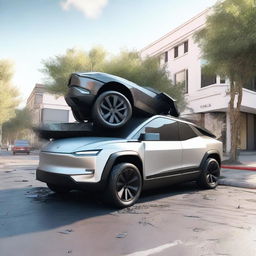 A high-quality, photo-realistic 3D render of a Tesla Cybertruck involved in a car crash