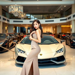 A beautiful Korean woman posing elegantly and attractively, standing sideways in front of a Lamborghini while glancing at the camera