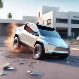 A high-quality, photo-realistic 3D render of a Tesla Cybertruck involved in a car crash