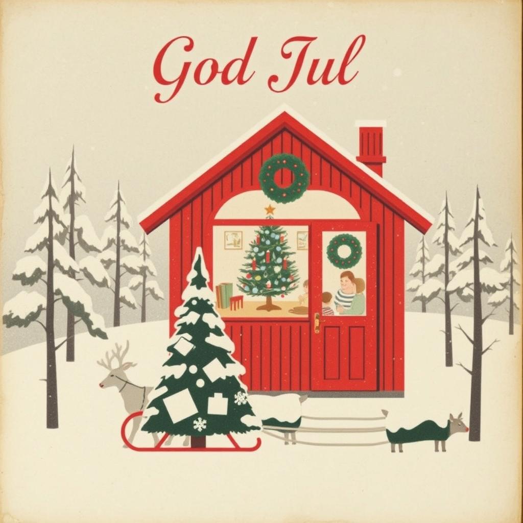 A vintage holiday postcard depicting a Scandinavian-style Christmas scene