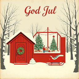 A vintage holiday postcard depicting a Scandinavian-style Christmas scene