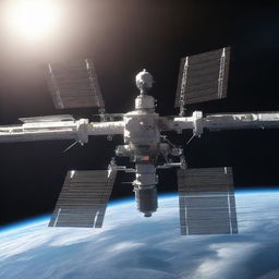 A high-quality, photo-realistic 3D render of a space station orbiting Earth