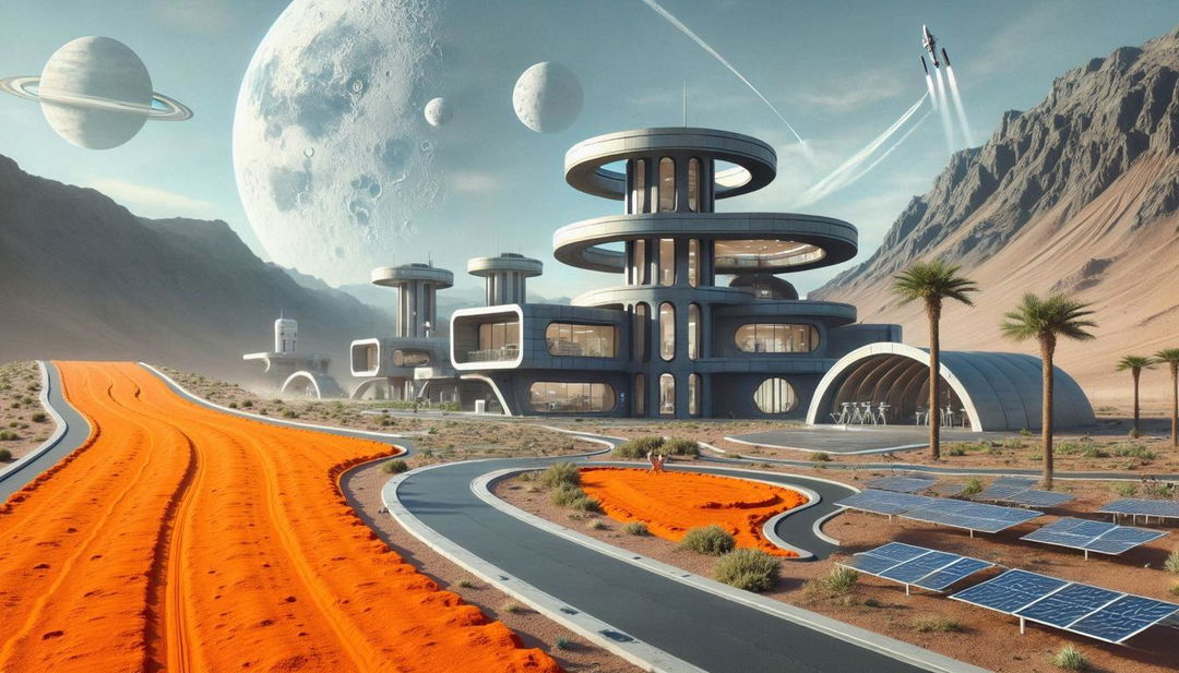 A futuristic sci-fi landscape featuring a modern settlement on a desert-like planet with orange sand