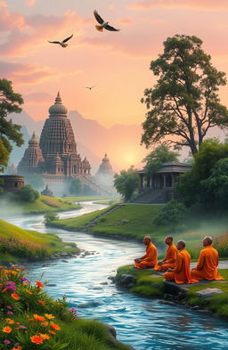 An ethereal landscape depicting the essence of Vedic culture, featuring lush greenery and a tranquil river flowing through the scene