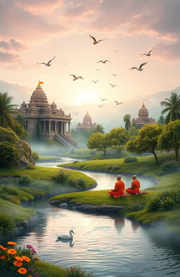 An ethereal landscape depicting the essence of Vedic culture, featuring lush greenery and a tranquil river flowing through the scene