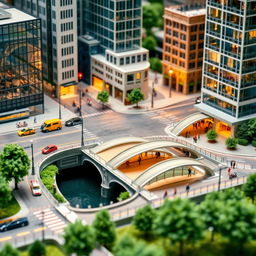 A detailed miniature model of a modern cityscape featuring an intersection with bustling traffic, a sleek bridge spanning a river, and a pedestrian tunnel connecting two sides of the city