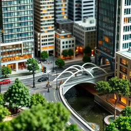 A detailed miniature model of a modern cityscape featuring an intersection with bustling traffic, a sleek bridge spanning a river, and a pedestrian tunnel connecting two sides of the city
