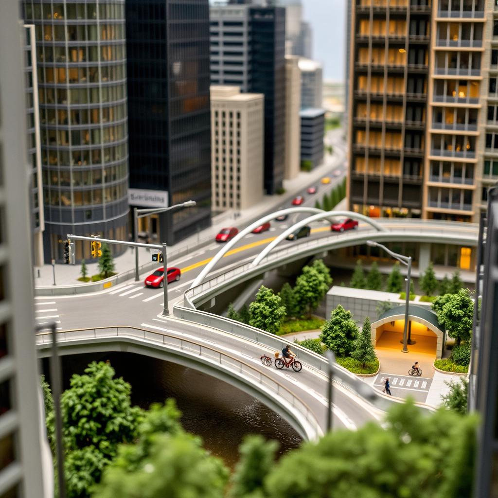 A detailed miniature model of a modern cityscape featuring an intersection with bustling traffic, a sleek bridge spanning a river, and a pedestrian tunnel connecting two sides of the city