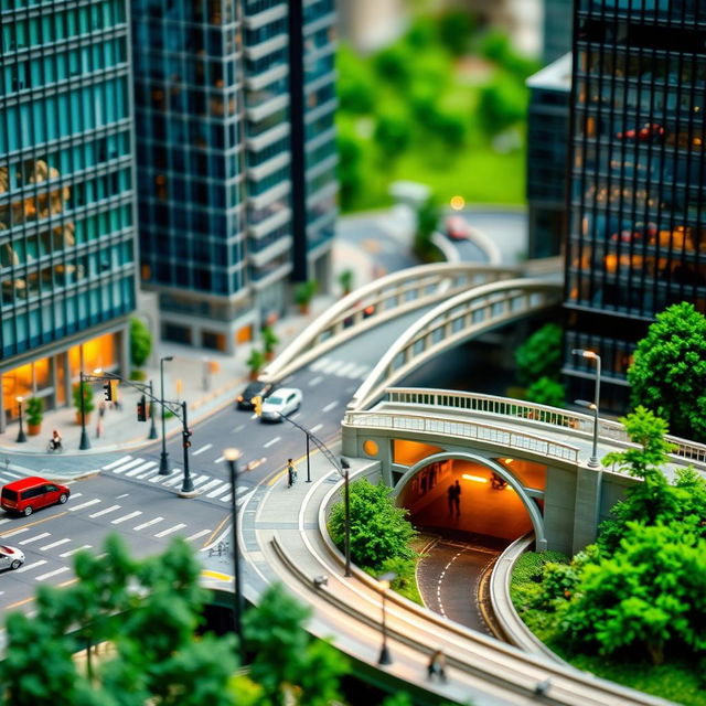 A detailed miniature model of a modern cityscape featuring an intersection with bustling traffic, a sleek bridge spanning a river, and a pedestrian tunnel connecting two sides of the city