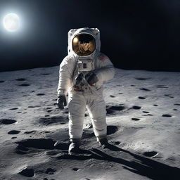 A highly realistic digital rendering of a man standing on the lunar surface