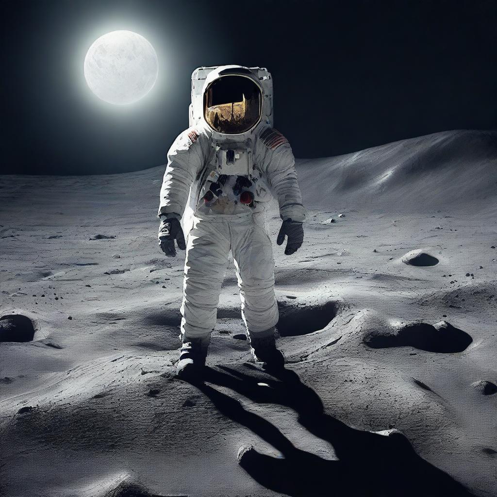 A highly realistic digital rendering of a man standing on the lunar surface