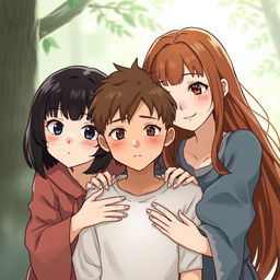 Two girls protecting a boy