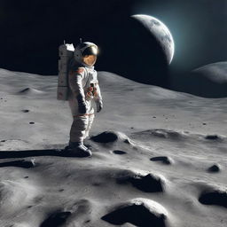 A highly realistic digital rendering of a man standing on the lunar surface