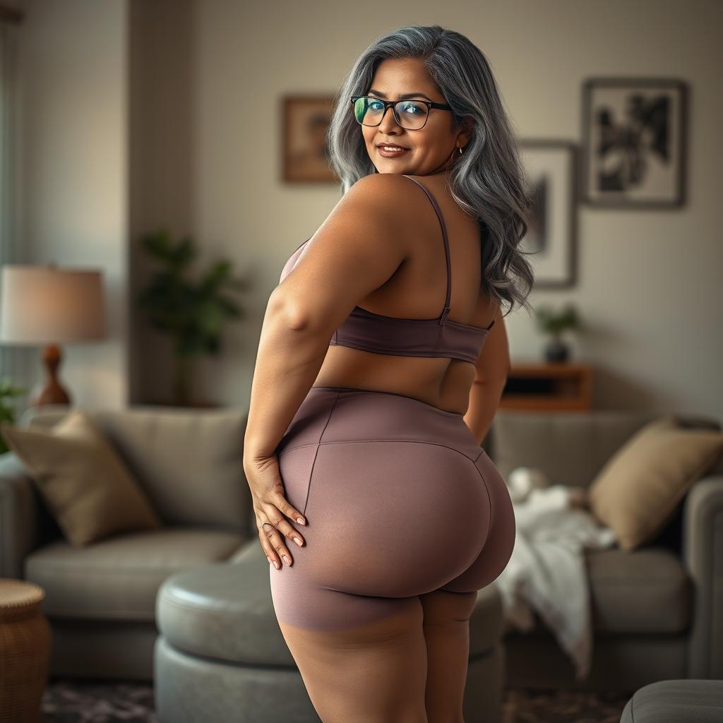 A plus-size dusky Indian mature woman, 50 years old, with long grey hair and glasses, radiating sensuality in a cozy living room