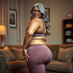A plus-size dusky Indian mature woman, 50 years old, with long grey hair and glasses, radiating sensuality in a cozy living room