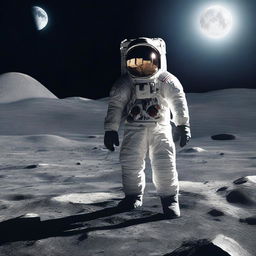 A highly realistic digital rendering of a man standing on the lunar surface