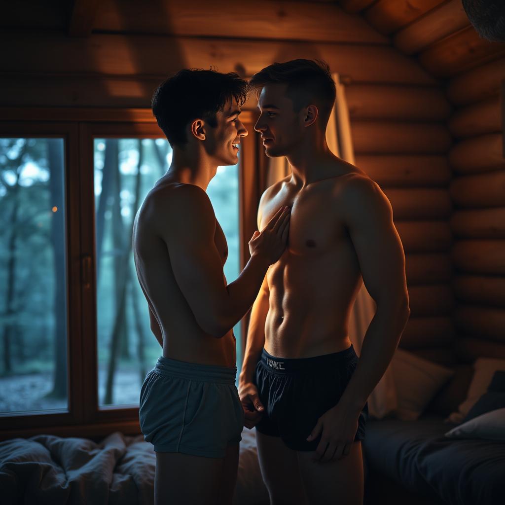 A romantic scene set in a cozy cabin in the forest at night, illuminated by soft, warm light