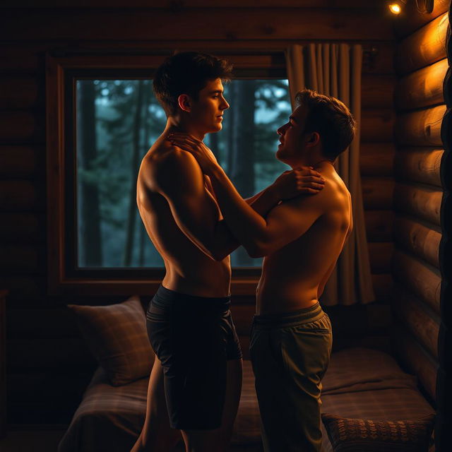 A romantic scene set in a cozy cabin in the forest at night, illuminated by soft, warm light