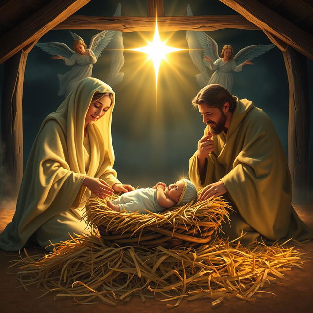 A serene and holy depiction of the nativity scene featuring Baby Jesus lying in a manger