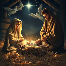 A serene and holy depiction of the nativity scene featuring Baby Jesus lying in a manger