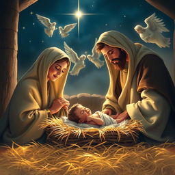 A serene and holy depiction of the nativity scene featuring Baby Jesus lying in a manger