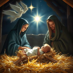 A serene and holy depiction of the nativity scene featuring Baby Jesus lying in a manger