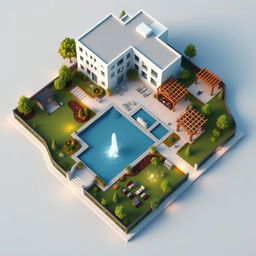 A detailed 3D map showcasing the landscaping around a contemporary building, featuring an elegant fountain, a large swimming pool, a designated barbecue area, and a stylish pergola