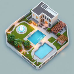 A detailed 3D map showcasing the landscaping around a contemporary building, featuring an elegant fountain, a large swimming pool, a designated barbecue area, and a stylish pergola