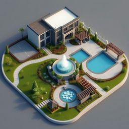 A detailed 3D map showcasing the landscaping around a contemporary building, featuring an elegant fountain, a large swimming pool, a designated barbecue area, and a stylish pergola