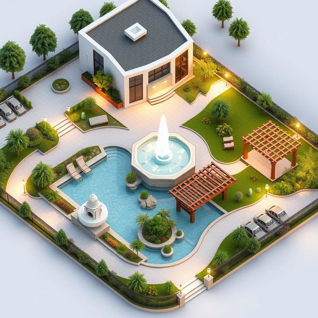 A detailed 3D map showcasing the landscaping around a contemporary building, featuring an elegant fountain, a large swimming pool, a designated barbecue area, and a stylish pergola