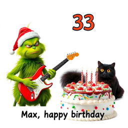 A grumpy Grinch with a green furry body and a red Santa hat is shown playing an electric guitar, conveying a comically irritated demeanor