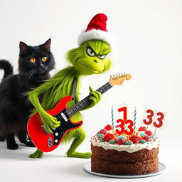 A grumpy Grinch with a green furry body and a red Santa hat is shown playing an electric guitar, conveying a comically irritated demeanor