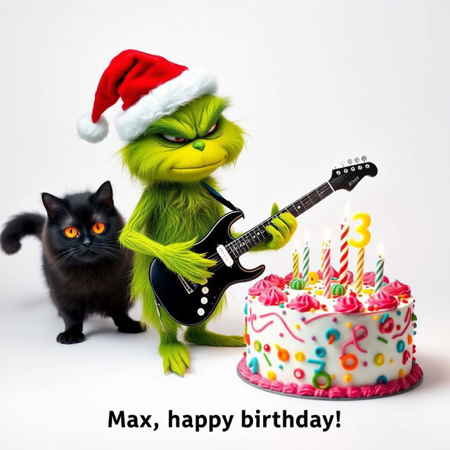 A grumpy Grinch with a green furry body and a red Santa hat is shown playing an electric guitar, conveying a comically irritated demeanor