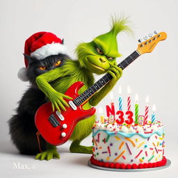 A grumpy Grinch with a green furry body and a red Santa hat is shown playing an electric guitar, conveying a comically irritated demeanor