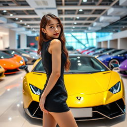 A beautiful Korean woman posing gracefully and attractively, standing sideways in front of a Lamborghini while glancing at the camera