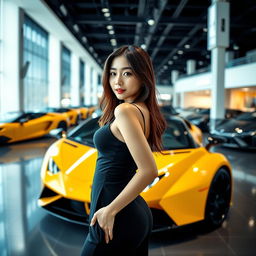 A beautiful Korean woman posing gracefully and attractively, standing sideways in front of a Lamborghini while glancing at the camera