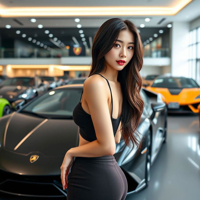 A beautiful Korean woman posing gracefully and attractively, standing sideways in front of a Lamborghini while glancing at the camera