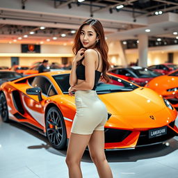 A beautiful Korean woman posing gracefully and attractively, standing sideways in front of a Lamborghini while glancing at the camera